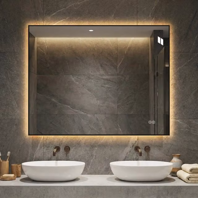 Specchio bagno led 70x90 cm retroilluminato antiappannamento con cornice in alluminio; 3 colori luce; argento