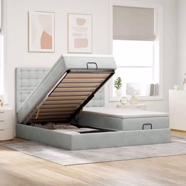 Letto con contenitore a sollevamento vidaXL in velluto con materasso L 200 cm x P 200 cm x H 280 cm, colori grigio e bianco