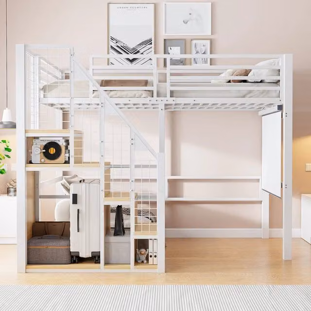 Letto a soppalco MIVRAY singolo con vano guardaroba e scala a rete, colore bianco, L/P/H: 208.5 x 90 x 146.2 cm