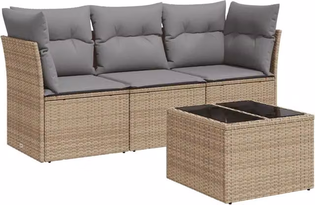 Set Divano da Giardino 4 pz | Set Salotto da Giardino con Cuscini Beige in Polyrattan