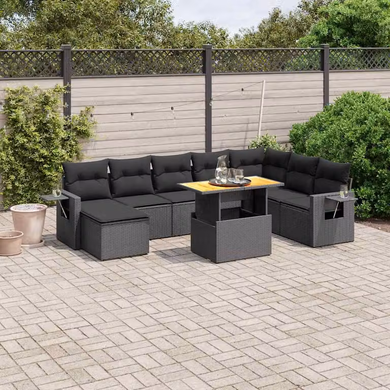 vidaXL Set Divani da Giardino 9 pz a Forma di L con Cuscini Nero in Polyrattan e Tavolino da Esterno
