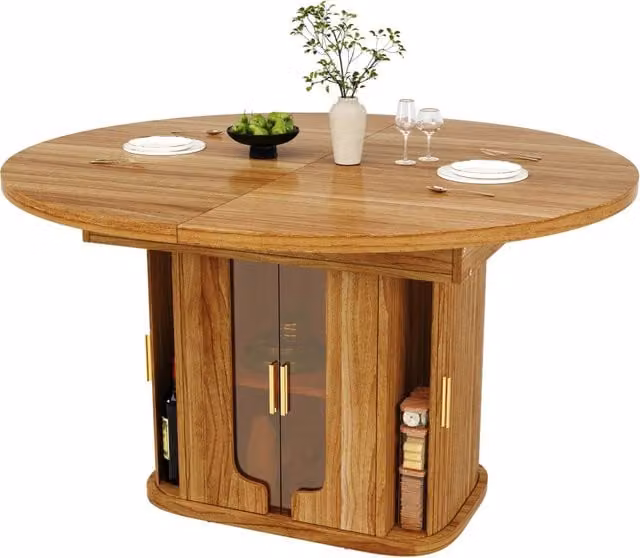 Tavolo da pranzo estensibile 118-158 cm in MDF noce con vano portaoggetti, 6 posti