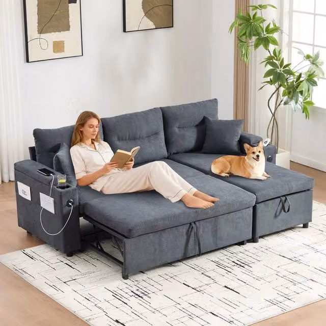 Divano 3 posti con contenitore e chaise longue ¨C Minimal ¨C Tessuto, con cassetti, porta bevande e USB-C