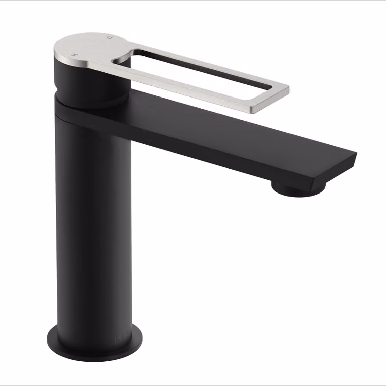 Miscelatore per lavabo Lenz MINA - Acciaio inox bicolore/nero, antimpronta, pop-up easy-clean, bocchetta girevole, 46013051
