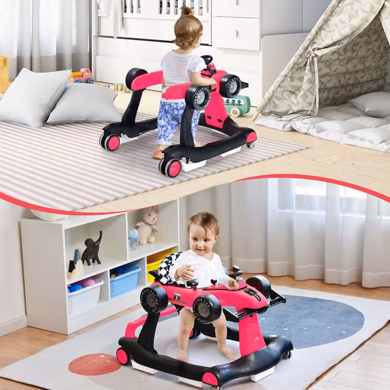 Costway Primi passi 4 in 1 per neonati con altezza e velocità regolabili, deambulatore a spinta con carillon e luci, Rosa