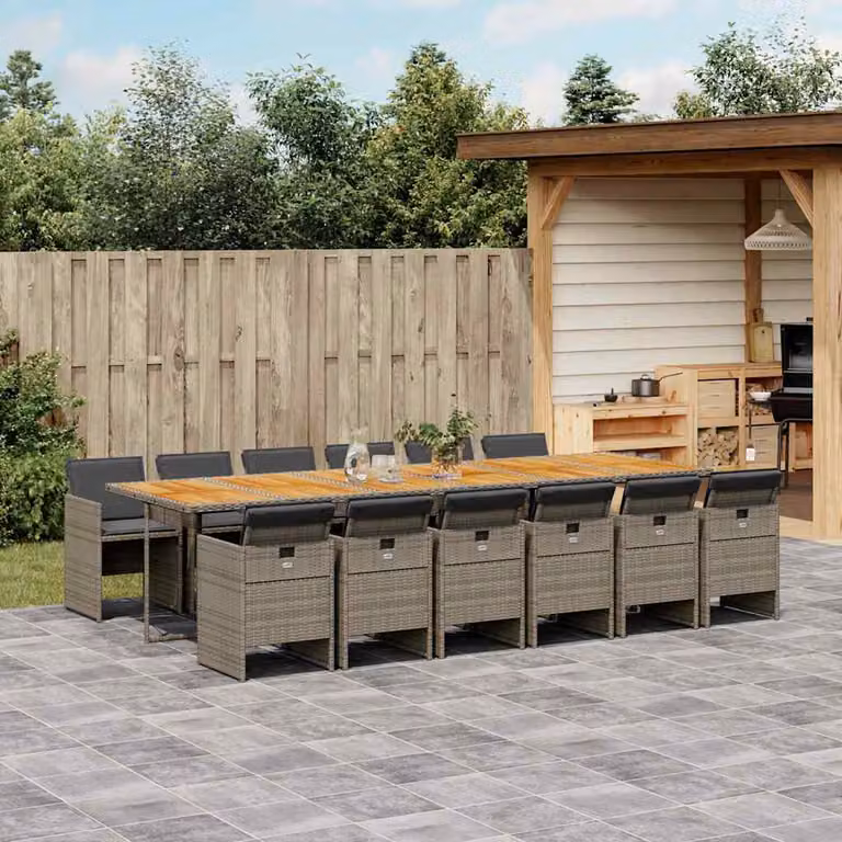 Set da pranzo da giardino vidaXL in polyrattan e legno di acacia con 13 pezzi e cuscini, colore grigio e marrone