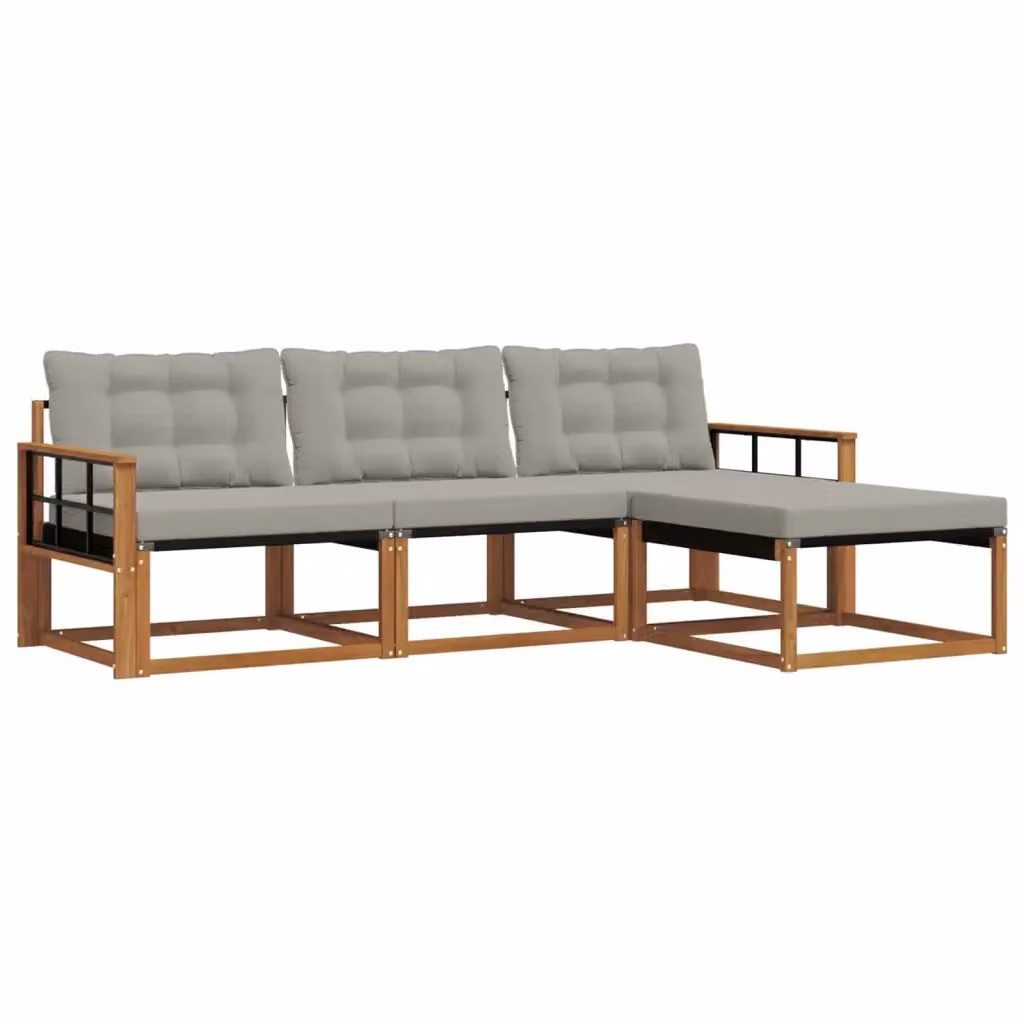Set di divani da esterno a L con pouf vidaXL in legno di acacia e tessuto beige e grigio – 2