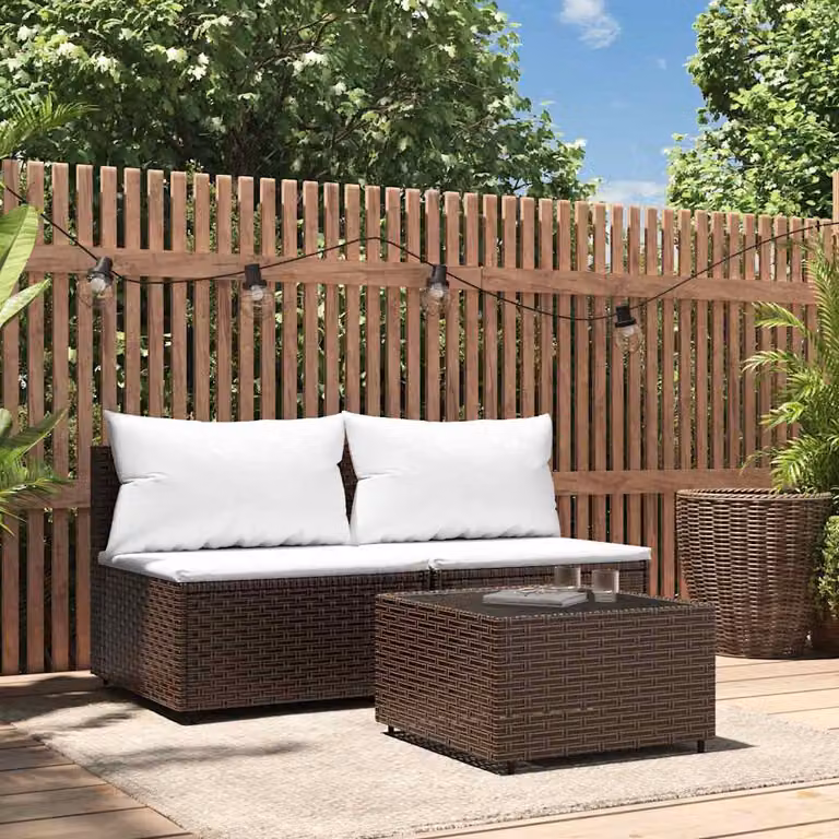 Set Mobili da Giardino 3 pz vidaXL in Polyrattan Marrone con Cuscini Bianchi