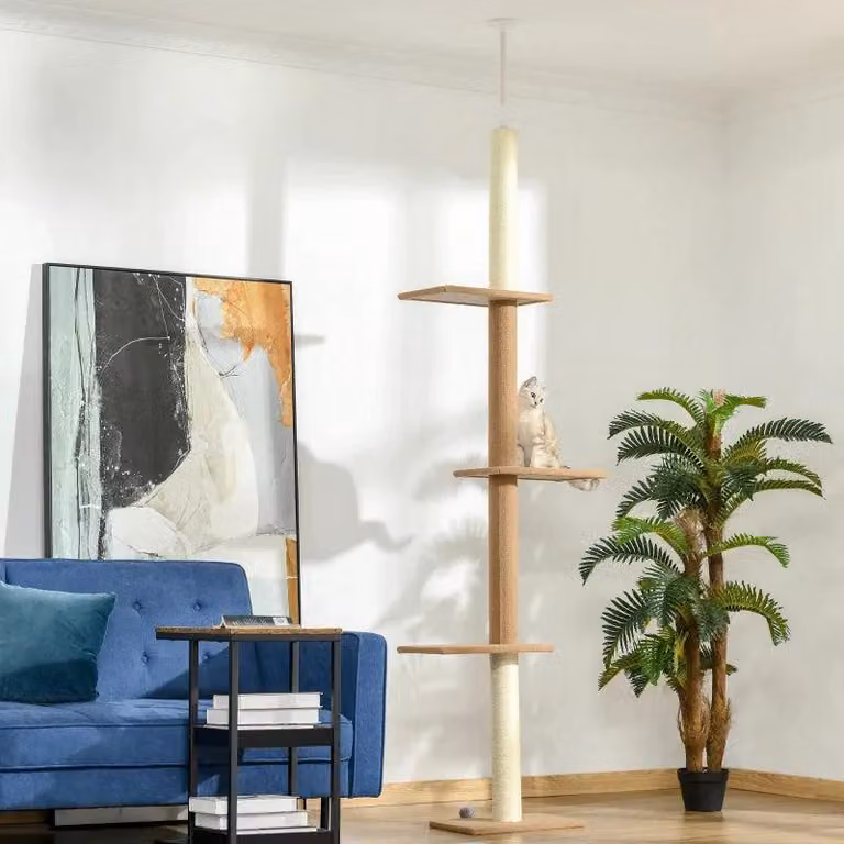 Albero per gatti con 4 piattaforme e montaggio a soffitto | Colore: kaki | Dimensioni: 27x43x228-260 cm