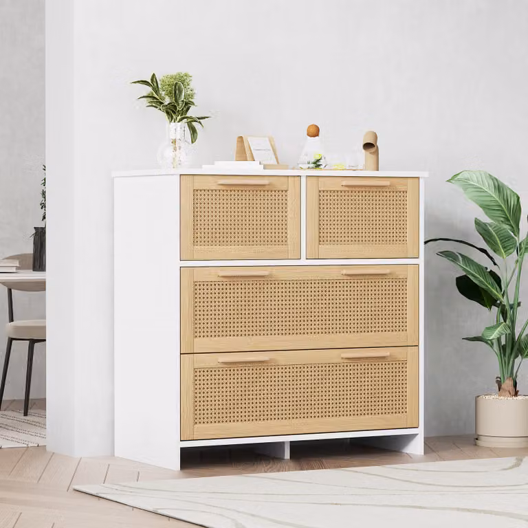 MODFU Comò, panca porta scarpe, cassapanca a 4 cassetti in rattan con maniglie in legno massello, naturale e bianco