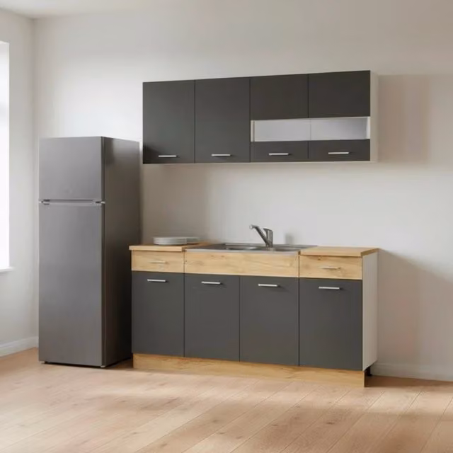 Cucina monoblocco 160 cm ERIKA grigio e rovere con lavello e pensili