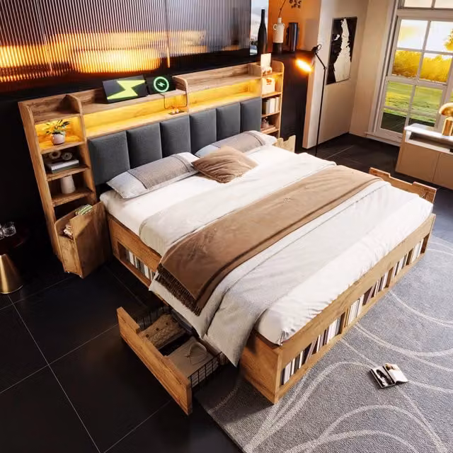 Letto matrimoniale 180x200 cm in rovere con testiera imbottita e LED USB/USB-C riporzione cassetti scorrevoli e base a listelli (senza materasso)