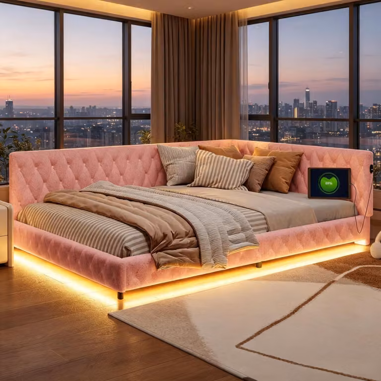 Letto imbottito INONEFT 140x200 cm con LED e caricabatterie USB, divano letto, struttura del letto con rete a doghe, letto matrimoniale per giovani con testiera in velluto, colore rosa