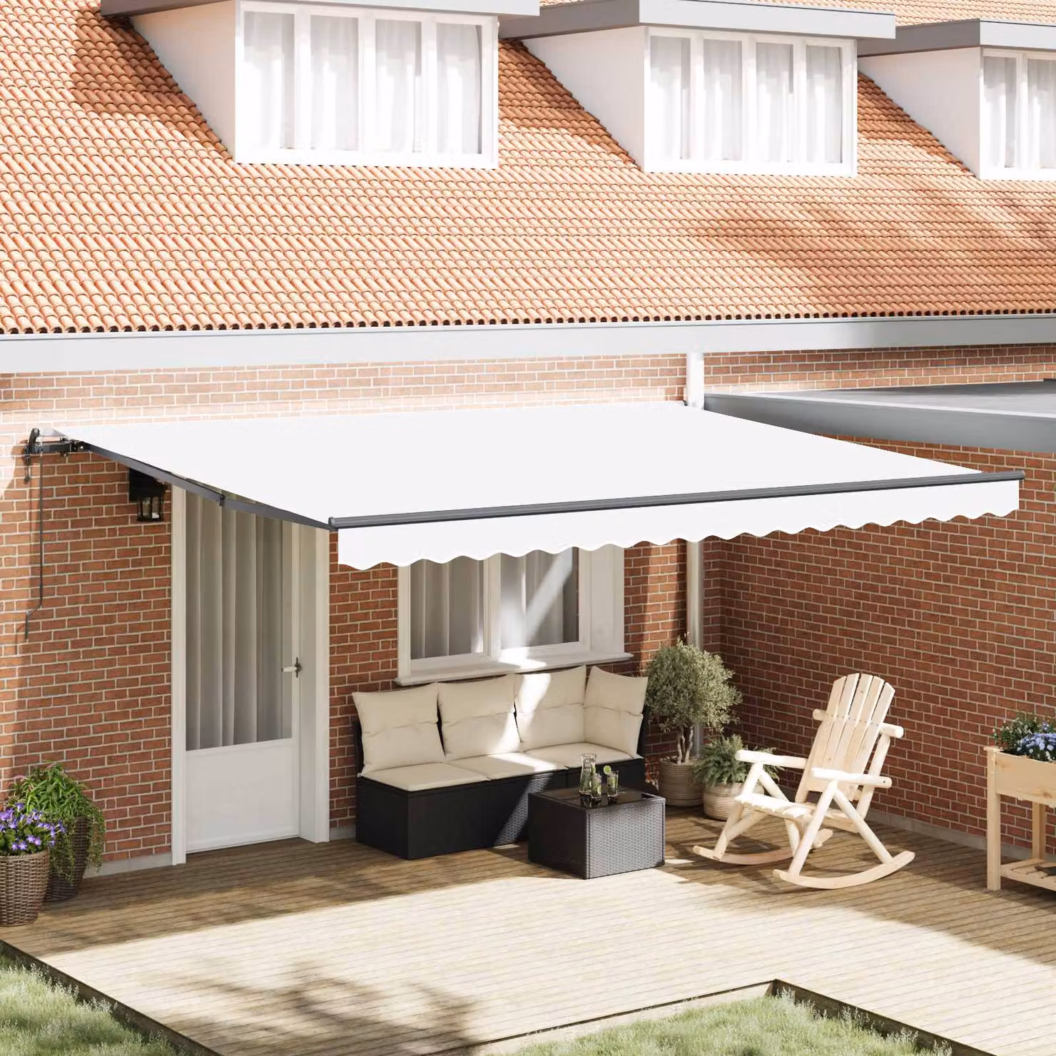 Tenda retrattile vidaXL con bracci pieghevoli in alluminio e tessuto in poliestere, colore bianco, L: 450 cm, P: 350 cm, con telecomando