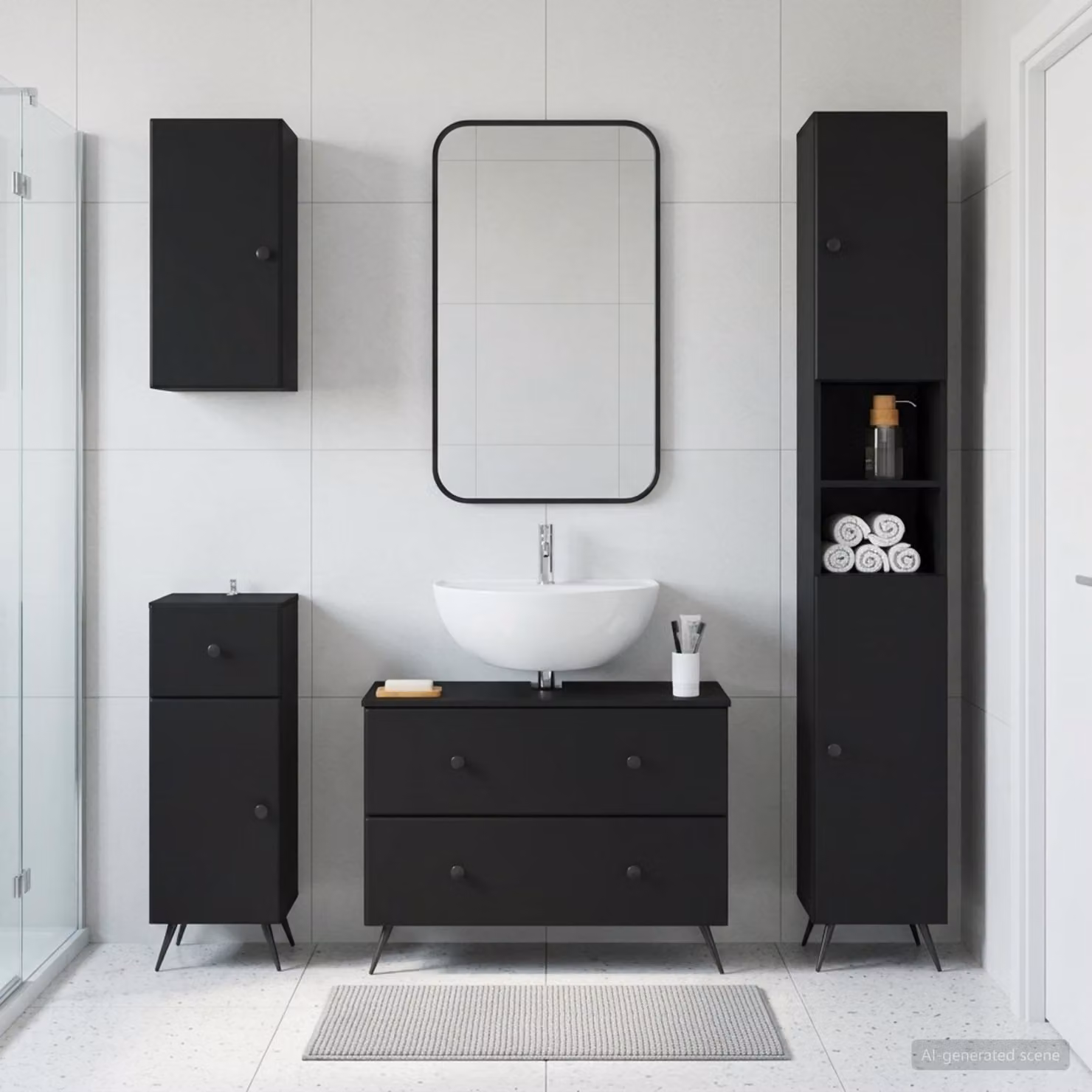 Set di mobili da bagno moderno vidaXL BREDA nero in 4 pezzi con base lavabo e pensili a muro L/P/H: 190 x 66,15 x 31 x 30 cm