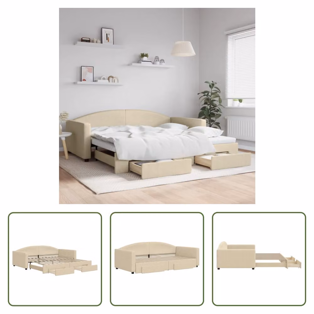 The Living Store letto da giorno allungabile con cassetti crema 100x200 cm tessuto