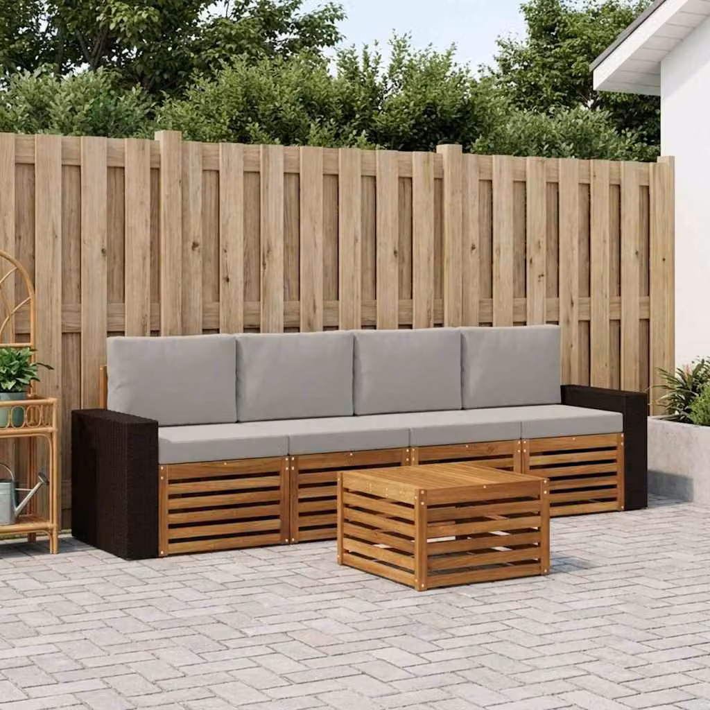 vidaXL Set di divani da esterno 5 pezzi in legno di acacia con cuscini, colori beige, grigio e marrone