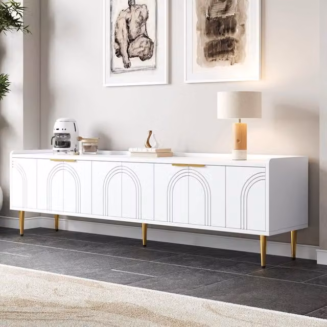 Mobile TV moderno REDOM in MDF bianco con dettagli dorati L 170 cm x P 35 cm x H 47,5 cm – 1