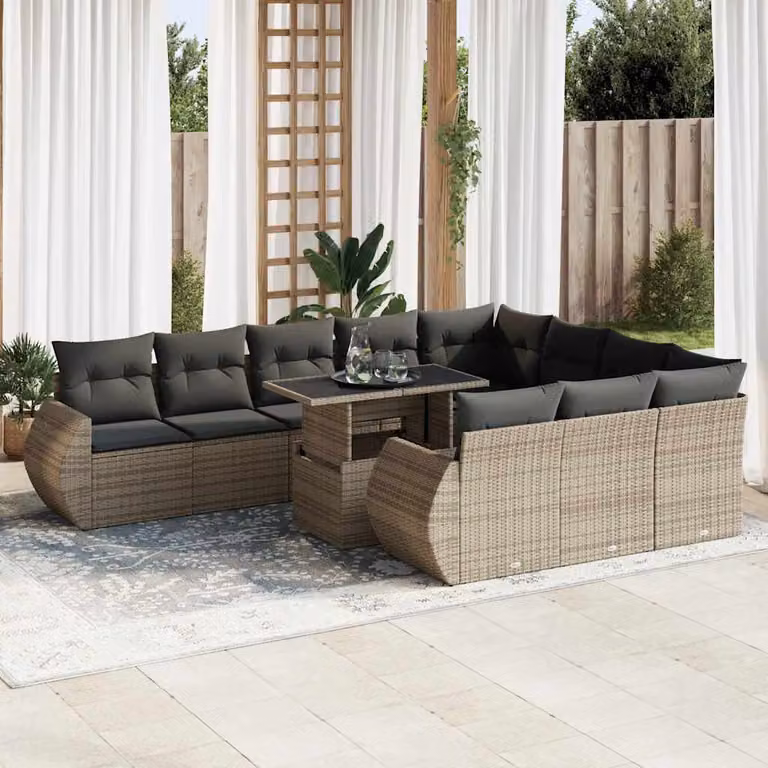Set di divani da giardino vidaXL 11 pz in polyrattan grigio con cuscini e tavolino da esterno a forma di L