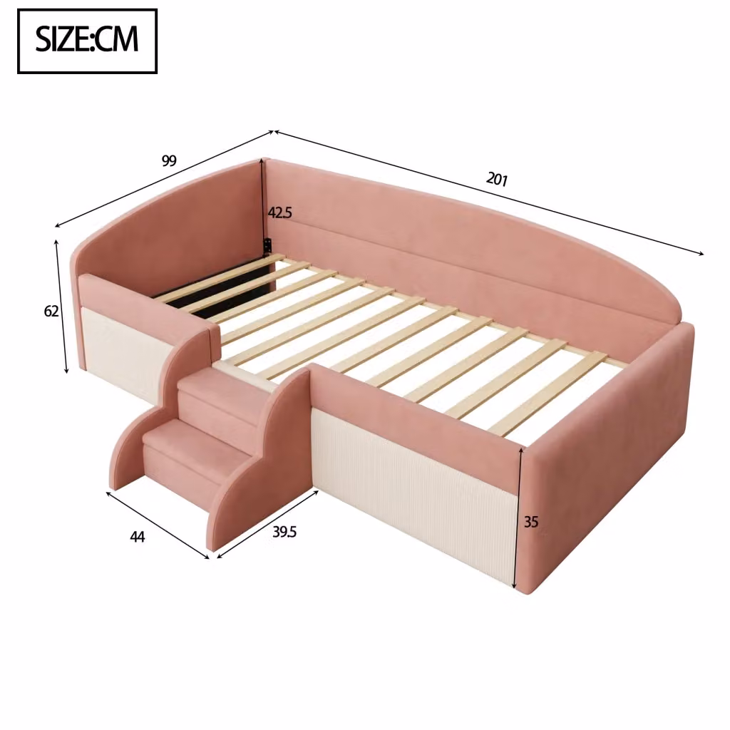 Letto imbottito per bambini REDOM con scalini e spondine in velluto, Rosa e Bianco, L/P/H: 190 x 90 x 62 cm – 2