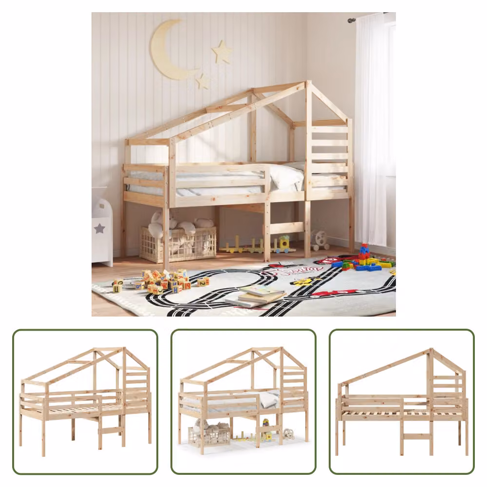 The Living Store Letto a soppalco con tetto 90x190 cm in legno di pino massiccio