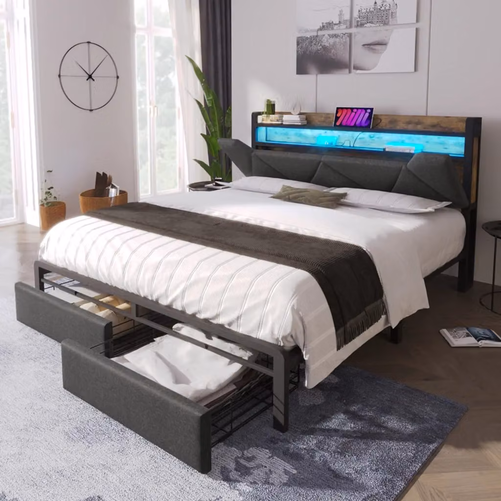 Letto matrimoniale WISHDOR in tessuto grigio con testiera contenitore, luci LED, porte USB, cassetti e struttura in metallo, L/P/H: 140 x 200 x 110 cm – 2