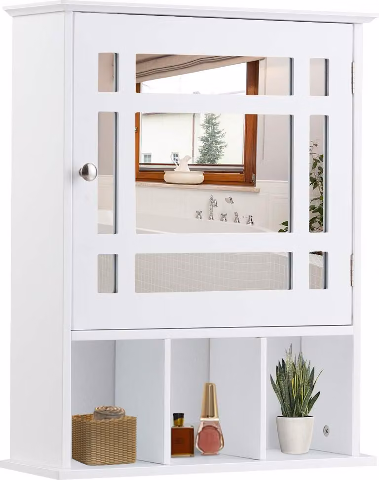 Armadio a specchio COSTWAY, mobile da bagno, mobile a parete, mobile da bagno, mobile da bagno, mobile da bagno con ripiano regolabile e 3 scomparti aperti, bianco
