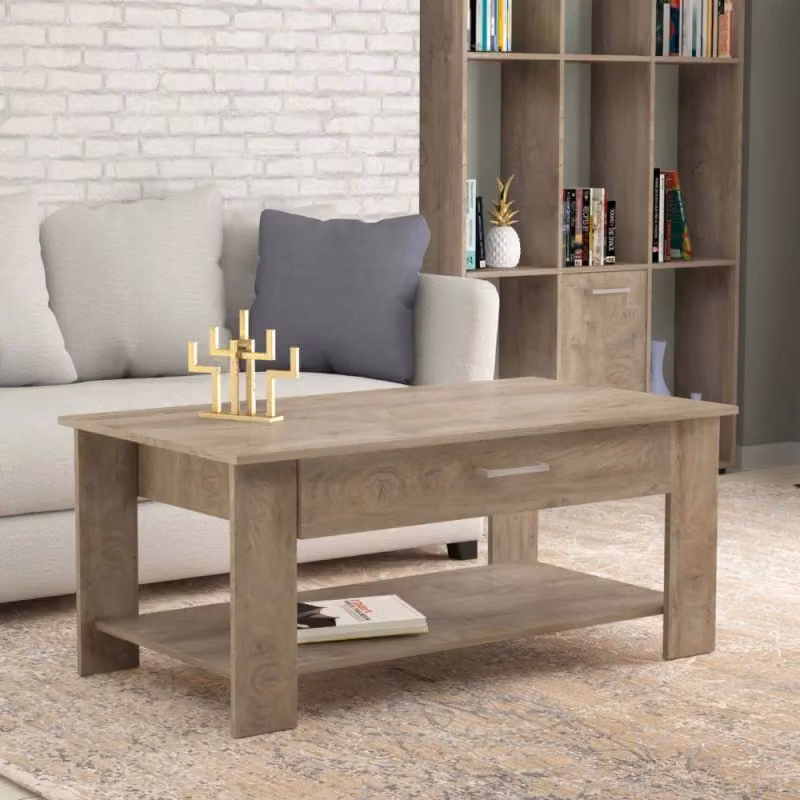 Tavolino da salotto moderno Cosma rettangolare in legno rovere chiaro e beige L: 110 cm, P: 60 cm, H: 46,5 cm – 2