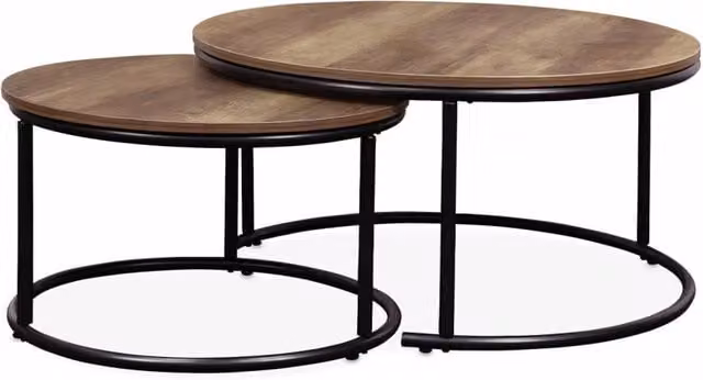Set di 2 tavolini rotondi Sweeek in stile industrial con top in legno marrone e base in metallo nero