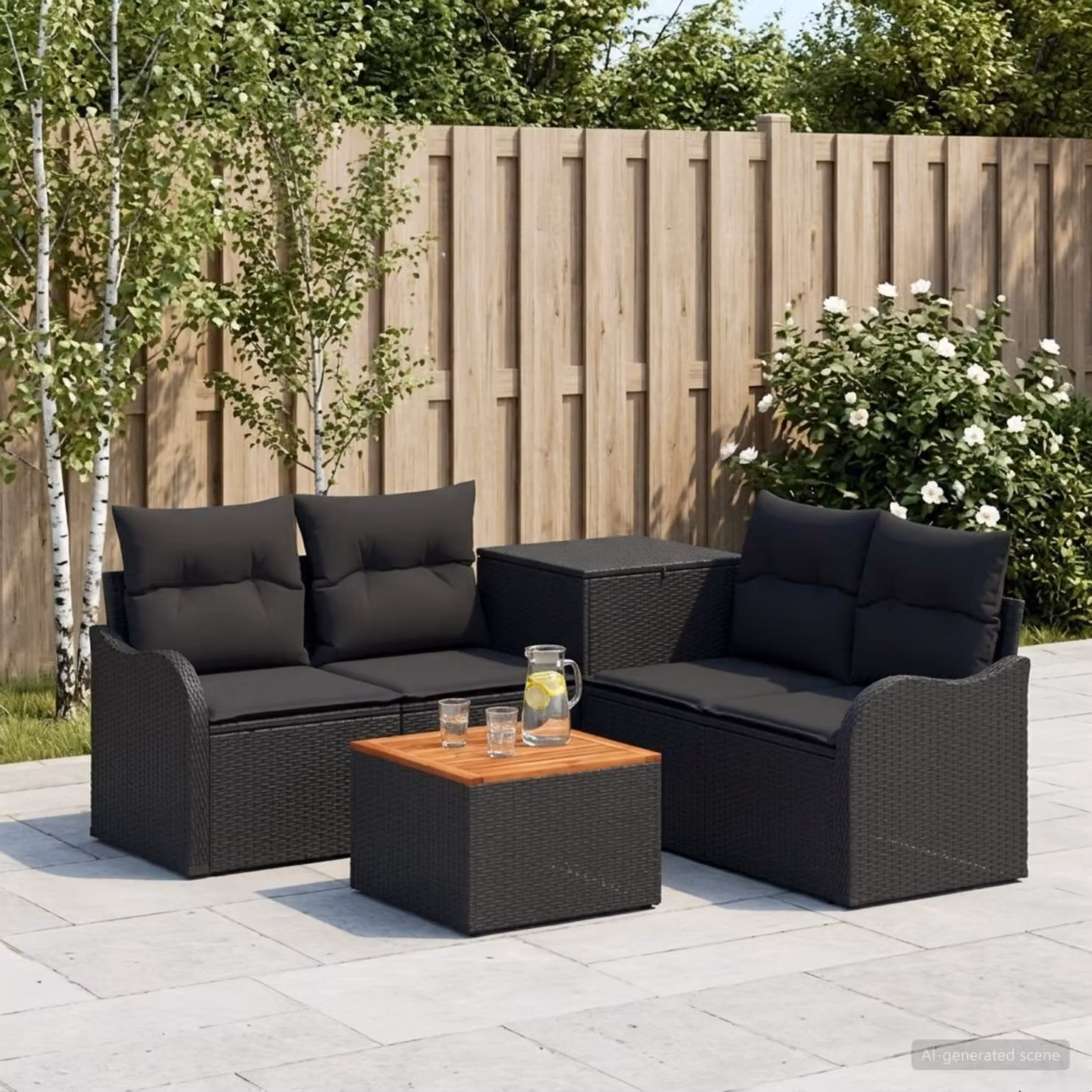 Set di divani da giardino vidaXL a forma di L composto da 6 pezzi con tavolo da caffè, in rattan e acciaio nero