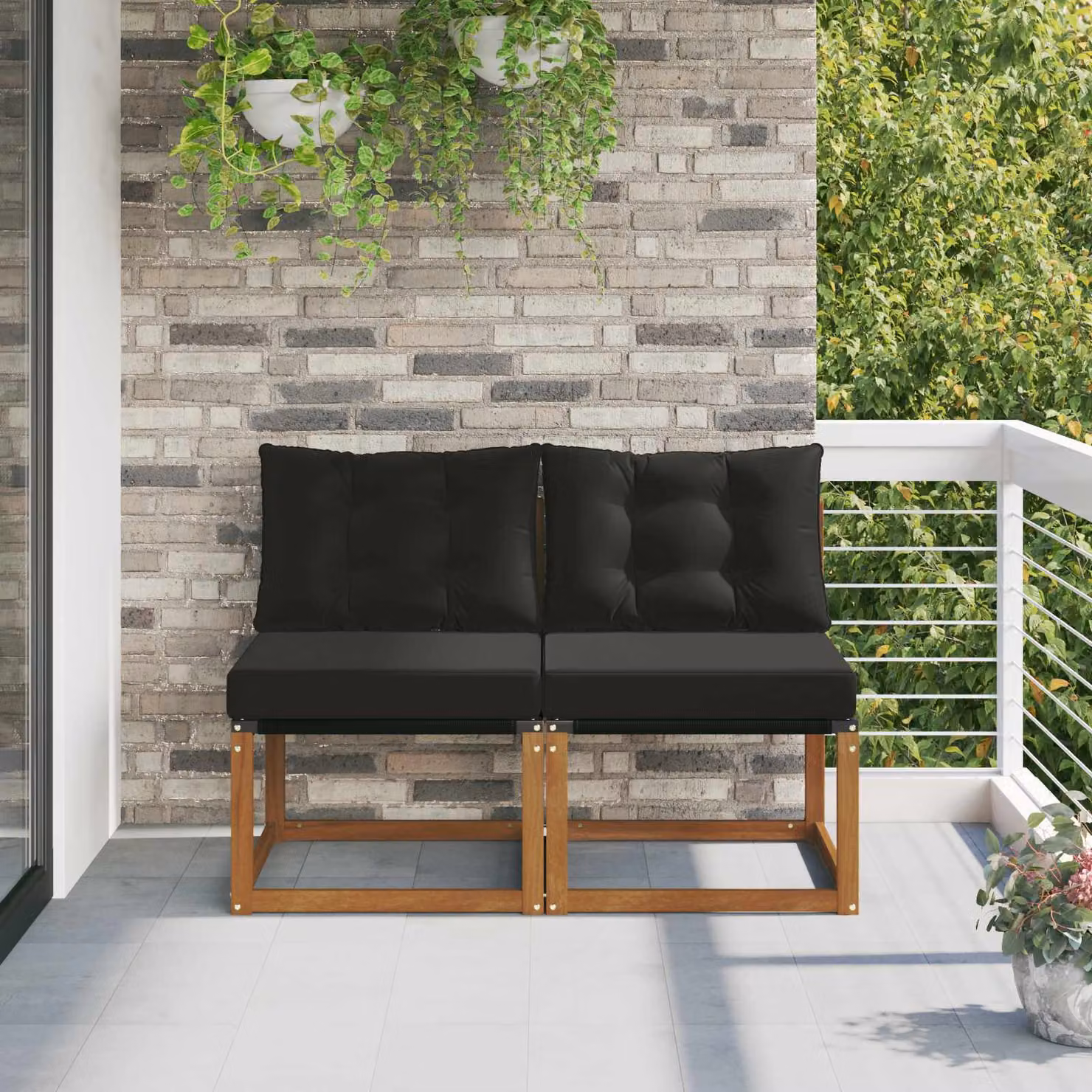 Set di 2 divani centrali da esterno vidaXL in legno di acacia naturale con seduta imbottita e tessuto moderno per giardino e terrazzo