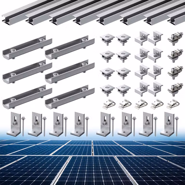 Kit di supporto per impianti fotovoltaici da balcone, per 4-5 moduli, composto da: 8 binari da 1,2 metri, 6 staffe da 120 mm e 8 connettori
