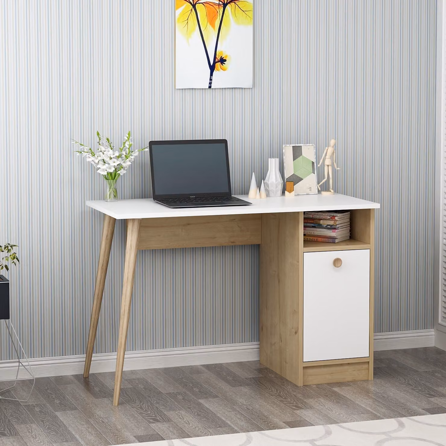 Skye Decor, Cannas - Bianco, Rovere Zaffiro, Scrivanie, Bianco, 110 x 74 x 50 cm