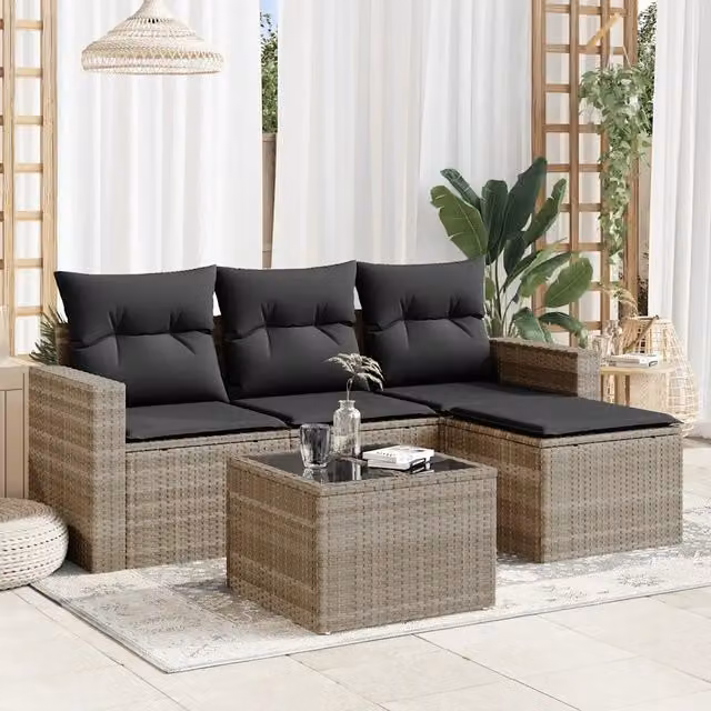 Set Divano da Giardino 5pz con Cuscini-Sofa da Giardino-Divanetto da esterno Grigio Chiaro Polyrattan 359986