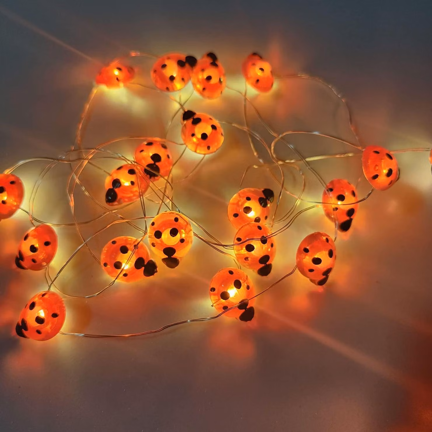 Catene luminose a forma di coccinella, 30 LED, filo d'argento da 9,8 piedi, alimentazione a batteria, luce bianco caldo