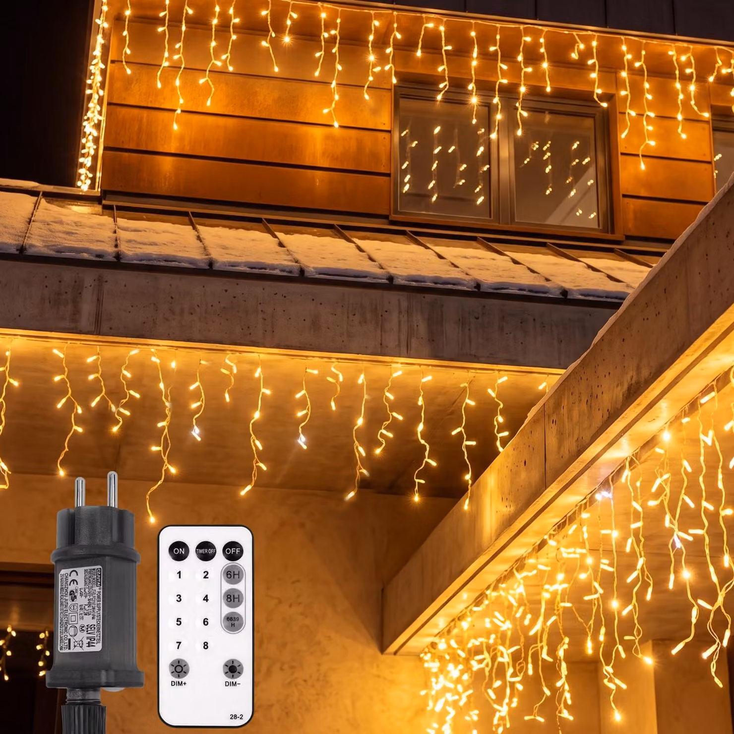 Catena luminosa a forma di cristalli di ghiaccio, lunghezza 15 metri, 300 LED, luce bianco caldo, timer, 8 modalità, grado di protezione IP44/IP65