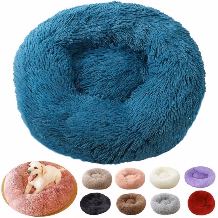 Cuccia per cani, cuccia per gatti, forma a ciambella, in peluche, morbida, rotonda, 50 cm, blu