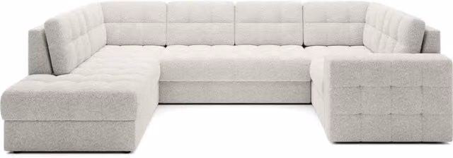 Divano angolare convertibile MONTEZA MEUBLORAMA bianco con contenitore e letto, modello a L con seduta sinistra, rivestimento in tessuto bouclé e struttura in legno massello, Larghezza: 299 cm