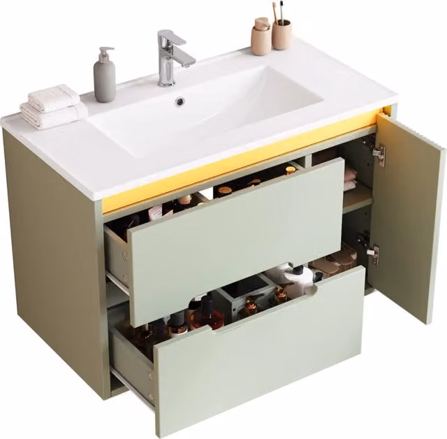 Mobile bagno sospeso 81 cm verde con lavabo in ceramica e luci LED