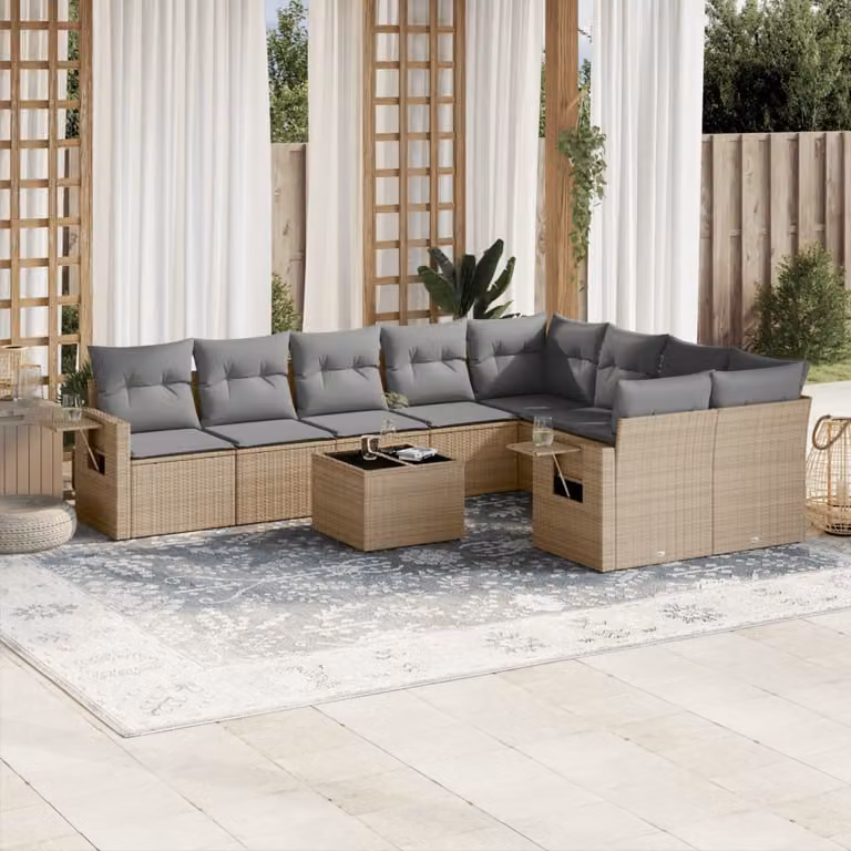 Set Divano da Giardino vidaXL 10 pz a Forma a L con Cuscini Beige in Polyrattan e Struttura in Metallo