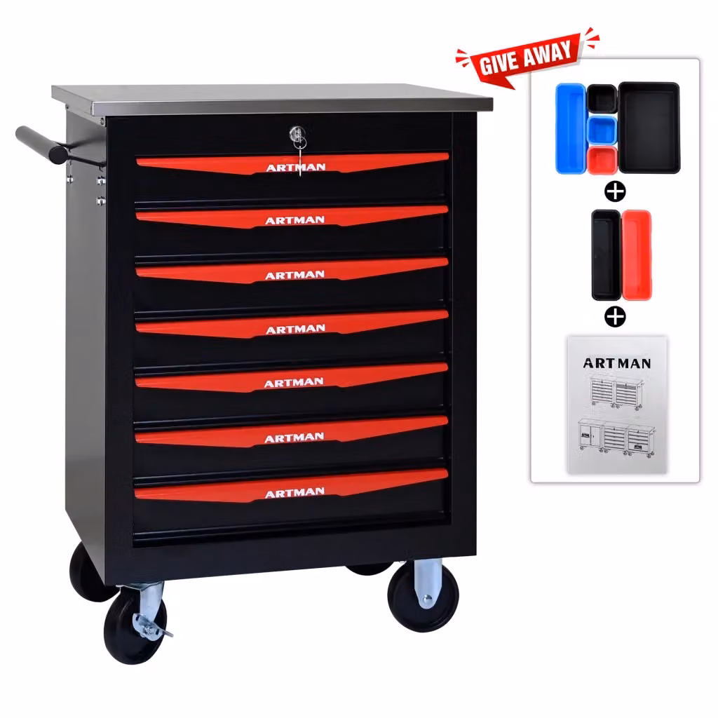 Cassettiera in acciaio con 7 cassetti e serratura per garage e officina, nero e rosso, L: 62.5 cm, P: 34.5 cm, H: 78 cm – 2