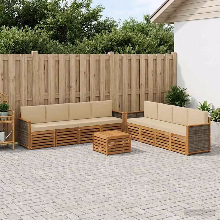 Set di divani da esterno vidaXL 9 pz in legno di acacia con tavolo da caffè e cuscini, colore beige e marrone