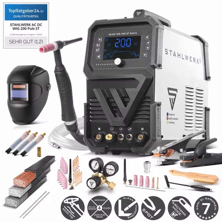 STAHLWERK saldatrice ad arco schermata da gas 3 in 1 Combi AC/DC TIG 200 ST Digitale - completamente equipaggiata - TIG e MMA 200 A, modalità clean per la pulizia elettrochimica