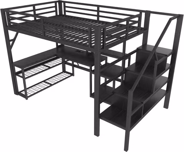 Letto a soppalco 140x200 cm con struttura in ferro, scrivania con USB, LED integrato e scale con vani contenitori, nero