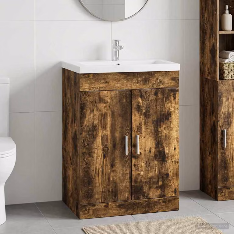 Mobiletto da bagno sotto lavabo vidaXL in rovere fumo con ante a battente, L: 78,5 cm, P: 37,5 cm, H: 81 cm