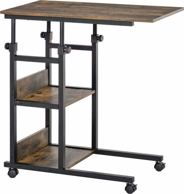 Tavolino d'appoggio rotante HOMCOM con altezza regolabile e 2 mensole, struttura in metallo e MDF laminato, colore marrone