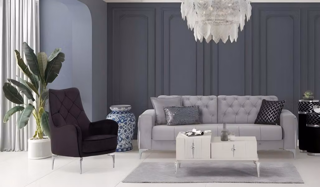 Komplette Zweisitzer Sessel Stoffsofa Polstersofa Grau Couch Sofa 2tlg