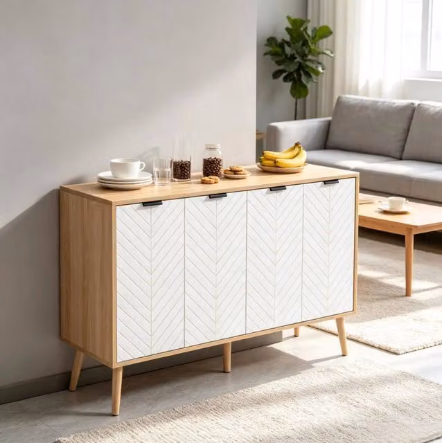 Credenza moderna a 4 ante con ripiano regolabile in bianco, L 120 cm x P 35 cm x H 77,4 cm