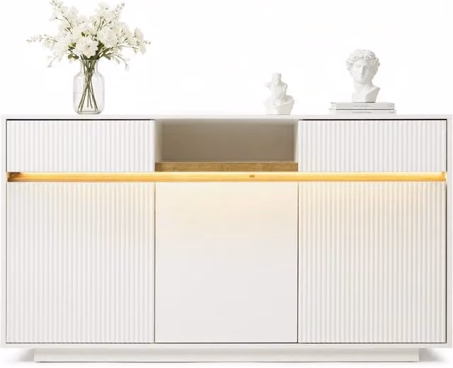 Credenza moderna con illuminazione LED in MDF bianco per soggiorno, camera da letto o cucina, L 140 x P 40 x H 85 cm