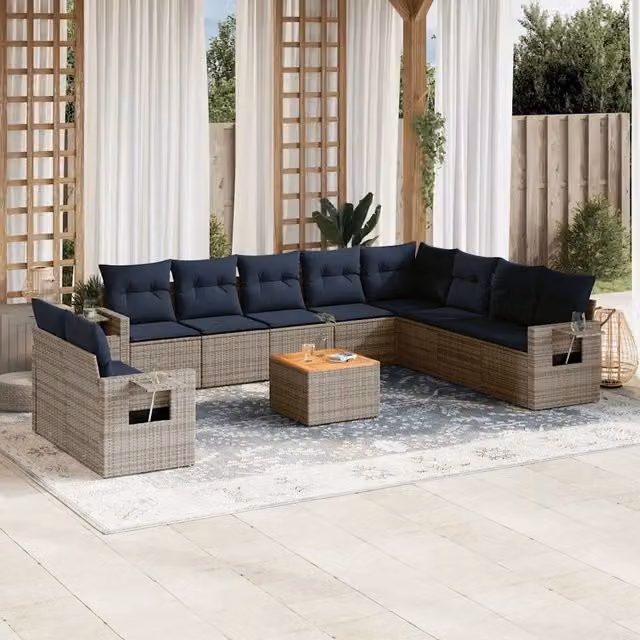 Set Divani da Giardino 11 pz con Cuscini Grigio in Polyrattan 3224640